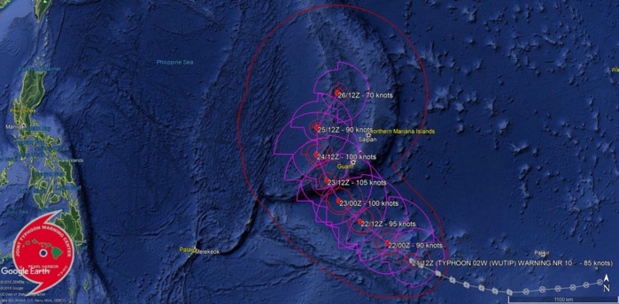 15UTC: typhoon Wutip(02W) Category 2 US, intensifying and approaching Guam