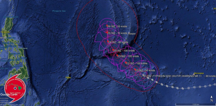 21UTC: typhoon Wutip(02W) Category 2 US, intensifying and approaching Guam area