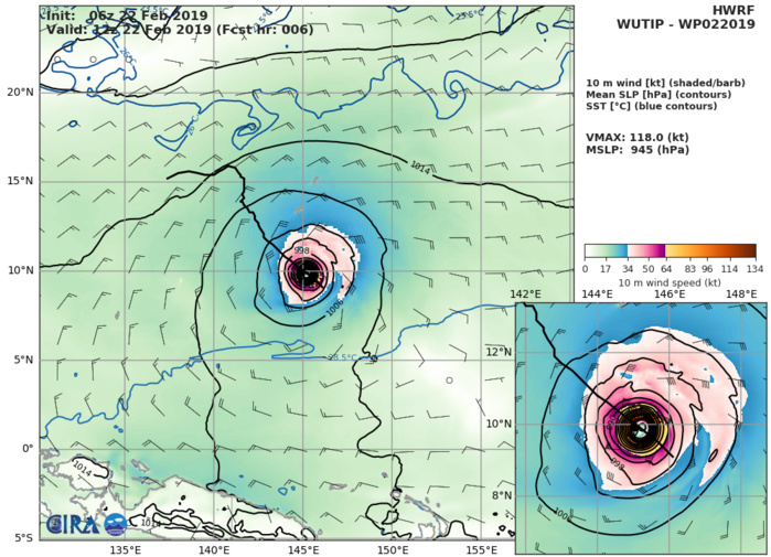 15UTC: typhoon Wutip(02W) Category 3 US near peak intensity, forecast CPA to Guam: 250km in apprx 24h.