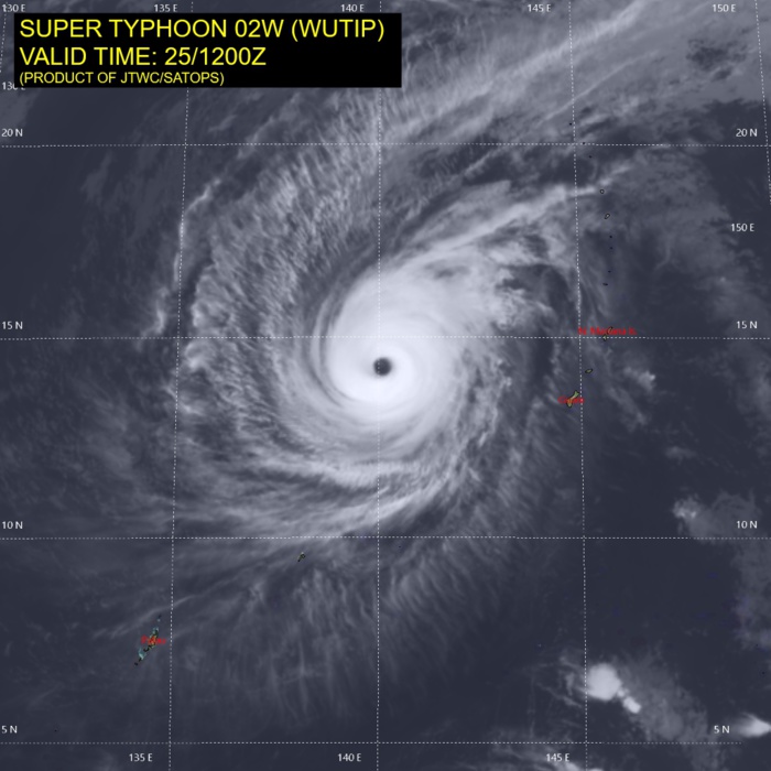 15UTC: Super Typhoon WUTIP(02W) ,Category 4 US, slow-moving and forecast to weaken rapidly after 24hours