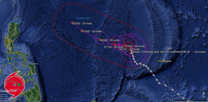 03UTC: Typhoon WUTIP(02W) ,Category 4 US, slow-moving and forecast to weaken rapidly after 24hours, no threat to land