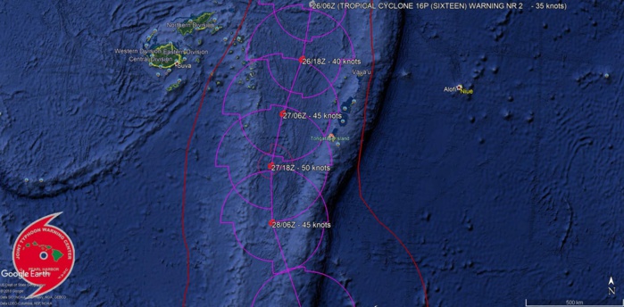 09UTC: South Pacific: Cyclone 16P forecast to track west of Nuku 'alofa  shortly after 24hours