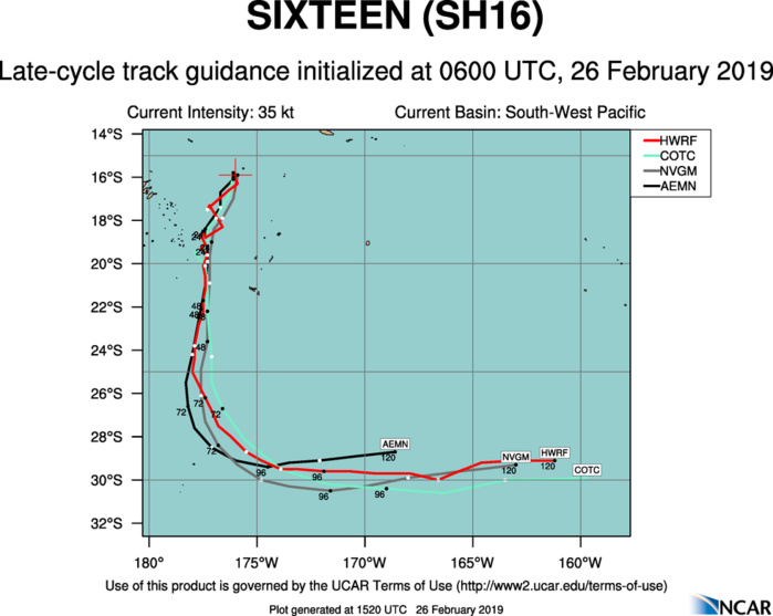 15UTC: South Pacific: Cyclone 16P, intensifying and forecast to track west of Nuku 'alofa  shortly after 24hours