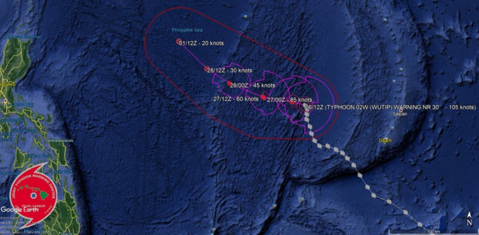 15UTC: Typhoon WUTIP(02W) ,Category 3 US, forecast to weaken rapidly next 72hours, no threat to land