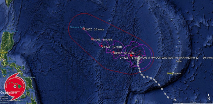 03UTC: Typhoon WUTIP(02W), Category 2 US, slow-moving and weakening rapidly next 72hours, no threat to land