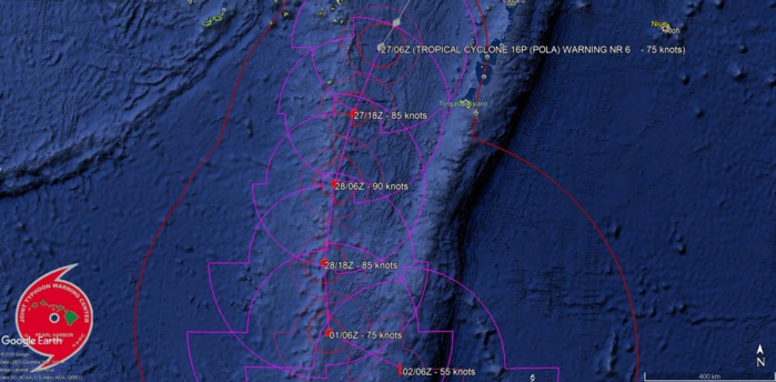 09UTC: Cyclone POLA(16P) Category 1 US, intensifying and tracking more than 200km to the west of Nuku 'alofa