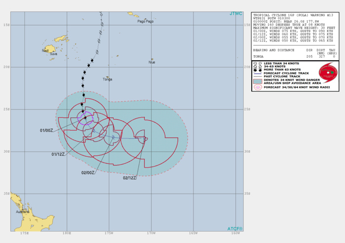 03UTC: Cyclone POLA(16P) category 1 US, weakening and becoming extratropical