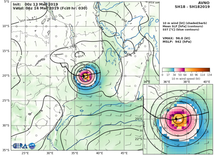 09UTC: Cyclone IDAI(18S) category 2 US, 490km to Beira, slowly approaching, set to make landfall close to Beira in 36hours