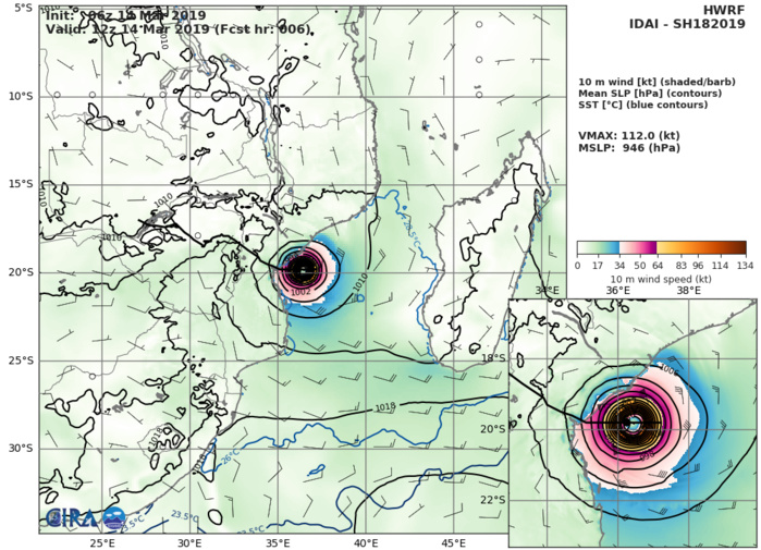 15UTC: Cyclone IDAI(18S) life-threatning category 3 US set to make landfall very close to Beira shortly before 12 hours