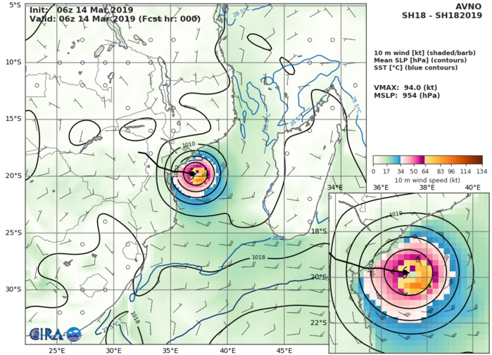 15UTC: Cyclone IDAI(18S) life-threatning category 3 US set to make landfall very close to Beira shortly before 12 hours