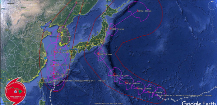 Category 4 Lingling passed over Miyakojima: 212km/h gust and 940.5mb reported. 14W: update