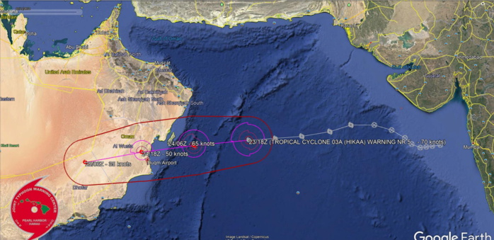 Hikaa(03A) tiny but well organized category 1 cyclone has probably peaked, near Masirah in 12h