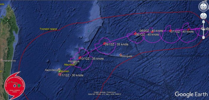 TC 08S WILL MOVE WESTWARD UP TO 48H  THEN WEST-SOUTHWESTWARD AS IT BEGINS TO ROUND THE WESTERN EDGE OF  THE SUBTROPICAL RIDGE. THE MARGINALLY FAVORABLE ENVIRONMENT WILL FUEL A SLIGHT  INTENSIFICATION TO 40KNOTS BY 12H- SUSTAINED UP TO 48H.  AFTERWARD, COOLING SEAS AND DIMINISHING OUTFLOW INDUCED BY AN  APPROACHING MID-LATITUDE TROUGH WILL GRADUALLY ERODE THE SYSTEM  LEADING TO DISSIPATION BY 120H AFTER IT TRACKS OVER MAURITIUS AND  LA REUNION.