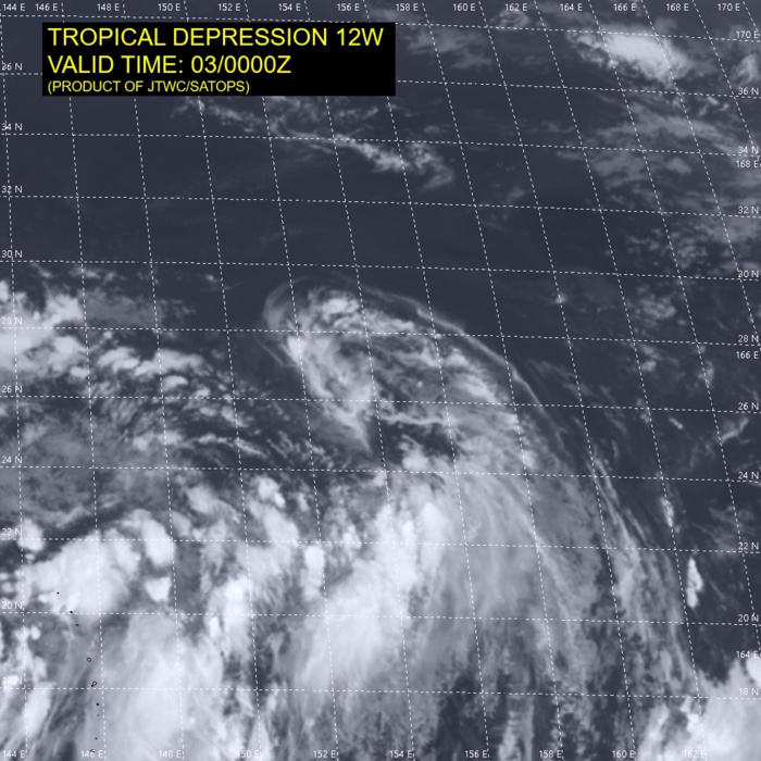 TD 12W.SATELLITE ANALYSIS, INITIAL POSITION AND INTENSITY DISCUSSION: ANIMATED MULTISPECTRAL SATELLITE IMAGERY (MSI) DEPICTS A FULLY EXPOSED LOW LEVEL CIRCULATION CENTER (LLCC) WITH LIMITED CONVECTION DISPLACED TO THE NORTHEAST. THE INITIAL POSITION IS PLACED WITH HIGH CONFIDENCE BASED ON MSI AND A 022357UTC METOP-B ASCAT PASS. THE INITIAL INTENSITY OF 30 KNOTS IS ASSESSED WITH HIGH CONFIDENCE BASED ON THE ASCAT PASS AND DVORAK ESTIMATES.