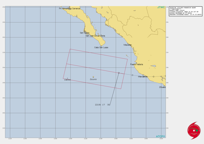 EASTERN PACIFIC. INVEST 94E. TROPICAL CYCLONE FORMATION ALERT ISSUED AT 23/01UTC.FORMATION OF A SIGNIFICANT TROPICAL CYCLONE IS POSSIBLE WITHIN 220 KM EITHER SIDE OF A LINE FROM 19.2N 106.9W TO 20.5N 114.5W WITHIN THE NEXT 12 TO 24 HOURS. AVAILABLE DATA DOES NOT JUSTIFY ISSUANCE OF NUMBERED TROPICAL CYCLONE WARNINGS AT THIS TIME. WINDS IN THE AREA ARE ESTIMATED TO BE 25 TO 30 KNOTS. METSAT IMAGERY AT 221800UTC INDICATES THAT A CIRCULATION CENTER IS LOCATED NEAR 19.3N 107.6W. THE SYSTEM IS MOVING WESTWARD AT 31 KM/H. 2. REMARKS: THE AREA OF CONVECTION (INVEST 94E, PREVIOUSLY REMNANTS  OF HURRICANE 07L) PREVIOUSLY LOCATED NEAR 19.7N 99.5W IS NOW LOCATED  NEAR 19.3N 107.6W, APPROXIMATELY 360 KM EAST OF SOCORRO ISLAND.  ANIMATED MULTISPECTRAL SATELLITE IMAGERY (MSI) DEPICTS A PARTIALLY  OBSCURED LOW-LEVEL CIRCULATION CENTER (LLCC) WITH CONVECTION  CONSOLIDATING OVER THE CENTER. INVEST 94E IS IN A FAVORABLE  ENVIRONMENT FOR DEVELOPMENT CHARACTERIZED BY WARM (29-30C) SEA  SURFACE TEMPERATURES (SST), POLEWARD OUTFLOW ALOFT, AND LOW VERTICAL WIND SHEAR (VWS). MAXIMUM SUSTAINED  SURFACE WINDS ARE ESTIMATED AT 25 TO 30 KNOTS. MINIMUM SEA LEVEL  PRESSURE IS ESTIMATED TO BE NEAR 1000 MB. THE POTENTIAL FOR THE  DEVELOPMENT OF A SIGNIFICANT TROPICAL CYCLONE WITHIN THE NEXT 24  HOURS IS HIGH.