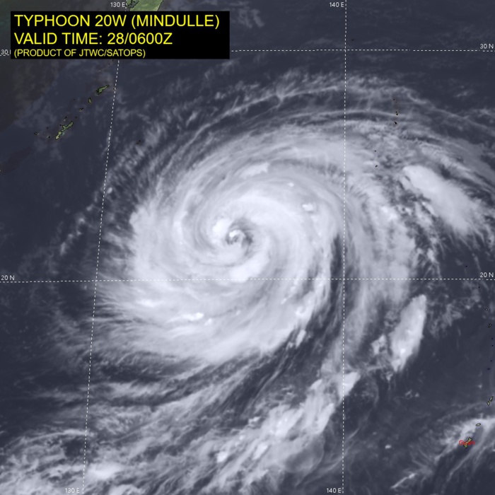 SATELLITE ANALYSIS, INITIAL POSITION AND INTENSITY DISCUSSION: TY 20W SEEMS TO STILL BE STRUGGLING TO REINTENISFY AFTER BEING KNOCKED LOW BY THE RECENT EYEWALL REPLACEMENT CYCLE (ERC) AND THE EFFECTS OF UPWELLING.  ANIMATED MULTISPECTRAL SATELLITE IMAGERY (MSI) DEPICTS A RAGGED, ROUGHLY 55 KM WIDE EYE, THOUGH BOTH THE SUBJECTIVE AND OBJECTIVE FIXES ARE BEGINNING TO SCATTER AS THEY STRUGGLE TO LOCATE A PRECISE CENTER. A PICTURESQUE 280409Z AMSR2 89GHZ MICROWAVE IMAGE SHOWED AN INNER BAND OF WEAK CONVECTION IN THE MIDDLE OF A QUITE LARGE OUTER BAND OF MORE SIGNIFICANT CONVECTION. LATER ENHANCED INFRARED IMAGERY SHOWS DEEP CONVECTION AND VERTICAL HOT TOWERS FLARING UP ON THE UPSHEAR (SOUTHWEST) SIDE OF THIS OUTER BAND AND WRAPPING CLOSER TO THE CORE, POSSIBLY INDICATING THAT FINALLY, THE CORE MAY START CONSTRICTING ONCE MORE AND START THE LONG-AWAITED REINTENSIFICATION. THE INITIAL POSITION, DUE TO THE RAGGED NATURE OF THE EYE, IS ASSESSED WITH ONLY MEDIUM CONFIDENCE. THE INITIAL INTENSITY REMAINS ASSESSED AT 95 KNOTS/CAT 2 WITH MEDIUM CONFIDENCE JUST SLIGHTLY BELOW THE ADT AND SATCON AND AT THE MEDIAN OF THE AGENCY CURRENT INTENSITY ESTIMATES, THOUGH THE AGENCY DATA-T NUMBERS WERE FAR LOWER, WITH PGTW AND KNES AT T4.5. THE SYSTEM IS NOW MOVING NORTHWEST AT ABOUT 15 KM/H, TAKING IT OVER A BETTER OCEANOGRAPHIC ENVIRONMENT AND AWAY FROM THE COLD POOL. OTHERWISE THE ENVIRONMENT IS VERY FAVORABLE, WITH LOW SHEAR, AND ROBUST RADIAL OUTFLOW. THE INITIAL WIND RADII HAVE BEEN ADJUSTED ABOUT 20 PERCENT LARGER BASED ON A THE AMSR2 WINDSPEED PRODUCT FROM 280409Z.