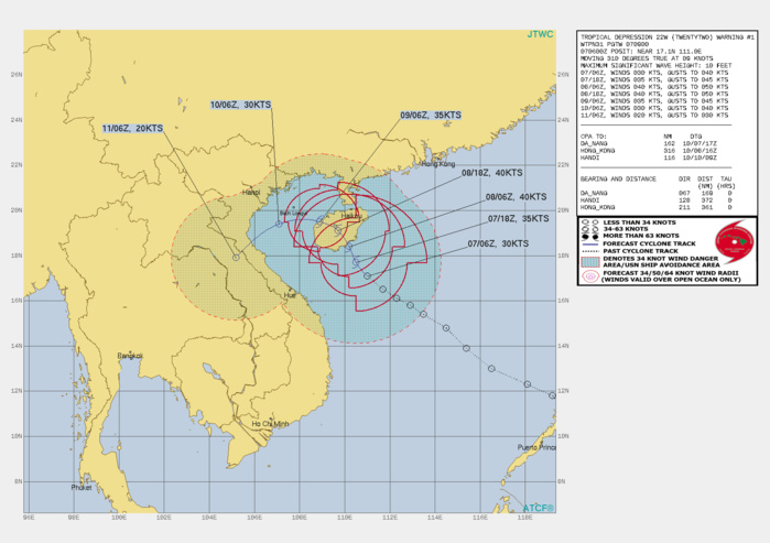 FORECAST REASONING.  SIGNIFICANT FORECAST CHANGES: THIS INITIAL PROGNOSTIC REASONING MESSAGE ESTABLISHES THE FORECAST PHILOSOPHY.  FORECAST DISCUSSION: TD 22W IS TRACKING SLOWLY WITHIN A COMPETING STEERING ENVIRONMENT AND IS EXPECTED TO TRACK SLOWLY NORTHWESTWARD TO NORTH-NORTHWESTWARD THROUGH 36H THEN TURN WESTWARD THROUGH 72H AS THE LOW- TO MID-LEVEL STR BECOMES THE PRIMARY STEERING INFLUENCE. CONDITIONS SHOULD REMAIN FAVORABLE THROUGH 24H WITH A PEAK INTENSITY OF 40 KNOTS FORECAST AT 24H, POSSIBLY SLIGHTLY HIGHER NEAR THE LANDFALL TIME. AFTER 24H, INTERACTION WITH LAND IS EXPECTED TO HINDER DEVELOPMENT WITH GRADUAL WEAKENING ANTICIPATED  AS THE SYSTEM TRACKS ACROSS HAINAN ISLAND. AS THE SYSTEM EMERGES  OVER THE GULF OF TONKIN AFTER 48H, REINTENSIFICATION IS UNLIKELY  DUE TO LAND INTERACTION AND INCREASING NORTHEASTERLY VERTICAL WIND  SHEAR. AFTER 72H, TD 22W WILL TURN SOUTHWESTWARD UNDER A  NORTHEAST-SOUTHWEST ORIENTED STR. THE SYSTEM IS EXPECTED TO  DISSIPATE BY 96H AS IT TRACKS INLAND OVER MOUNTAINOUS TERRAIN.