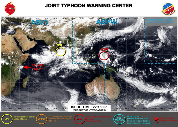 INVEST 93W TCFA// TC 24S(IALY) peaked at Typhoon Intensity//INVEST 99B//TC 25S short-lived//10 Day ECMWF Storm Tracks// 3 Week TC Formation Probability//2215utc 