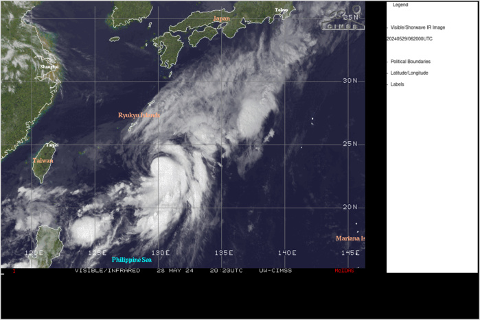 SATELLITE ANALYSIS, INITIAL POSITION AND INTENSITY DISCUSSION: ANIMATED MULTISPECTRAL SATELLITE IMAGERY (MSI) DEPICTS A DISTINCT LOW-LEVEL CIRCULATION CENTER (LLCC) WRAPPING TIGHTLY BENEATH THE WESTERN EDGE OF THE SYSTEM'S CONVECTIVE CURVED BANDING. THE ASYMMETRIC CONVECTION HAS CONTINUED TO WARM OVER THE LAST FEW HOURS, SIGNIFYING THE BEGINNING STAGES OF THE EXPECTED WEAKENING TREND FOR TYPHOON (TY) 01W. MODERATE VERTICAL WIND SHEAR (VWS) OF 20-25 KTS CONTINUES TO REMAIN EVIDENT THROUGHOUT THE REMAINING CIRRUS SHIELD, WITH OBSERVABLE STRIATIONS THROUGHOUT THE EASTERN PERIPHERY OF THE SYSTEM ON ANIMATED WATER VAPOR IMAGERY. STRONG DUAL-CHANNEL UPPER-LEVEL OUTFLOW HAS PERSISTED THROUGH THE PREVIOUS SIX HOURS, WITH A POWERFUL LONGWAVE TROUGH INDUCED POLEWARD CHANNEL, AND THE CONTINUOUS SOUTHWARD CHANNEL OVER THE PHILIPPINE SEA. THE INITIAL POSITION IS PLACED WITH HIGH CONFIDENCE BASED ON EXTRAPOLATION FROM THE 282121Z RCM-3 SAR IMAGE AND THE RJTD RADAR FIX FROM MINAMI-DAITO JIMA. THE INITIAL INTENSITY OF 70 KTS WAS ASSESSED WITH MEDIUM CONFIDENCE BASED ON THE SUBJECTIVE AGENCY ESTIMATES LISTED BELOW.