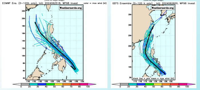 DETERMINISTIC GUIDANCE IS SPLIT ON INTENSIFICATION WITH A  SMALL AGREEMENT ON A GENERAL NORTHWESTWARD TRACK OVER THE NEXT 48 HOURS.  GFS SHOWS INVEST 98W CONTINUING WESTWARD OVER MINDANAO THEN A NORTHWARD  TURN IN THE SULU SEA WHICH IS MORE PLAUSIBLE WITH THE OVERALL FLOW.