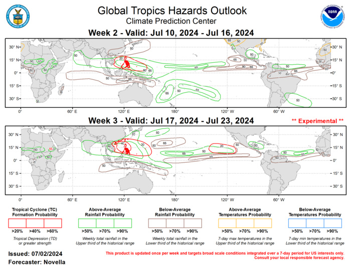 The precipitation outlook for weeks 2 and 3 is based on a historical skill weighted blend of GEFS, ECMWF, CFS, and ECCC model guidance, MJO composites, and anticipated TC tracks. For temperatures, the continuation of potent mid-level ridging favored over western North America supports elevated chances for above-normal temperatures and an increased risk of excessive heat conditions for many parts of California, the Pacific Northwest, Interior West and portions of the High Plains during week-2. Based on bias-corrected and calibrated temperature guidance, excessive heat conditions are also possible across parts of northwestern Africa with daytime maximums possibly exceeding 115 deg F in some areas. For hazardous weather conditions in your area during the next two weeks, please refer to your local NWS office, the Medium Range Hazards Forecast from the Weather Prediction Center, and the CPC Week-2 Hazards Outlook. Forecasts issued over Africa are made in coordination with the International Desk at CPC.