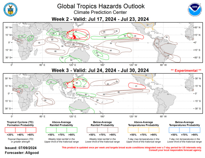 Forecasts for enhanced and suppressed precipitation are based on an anticipated continuation of low-frequency suppression across the central and eastern Pacific, and a skill-weighted consolidation of the GEFS, CFS, ECMWF, and ECCC dynamical model systems. MJO composites were considered for the outlook, especially during Week-2, but uncertainty increases considerably regarding MJO evolution during Week-3. Persistent ridging over north-central North America favors continued hot temperatures for portions of the contiguous United States. For hazardous weather conditions in your area during the next two weeks, please refer to your local NWS office, the Medium Range Hazards Forecast from the Weather Prediction Center, and the CPC Week-2 Hazards Outlook. Forecasts issued over Africa are made in coordination with the International Desk at CPC.