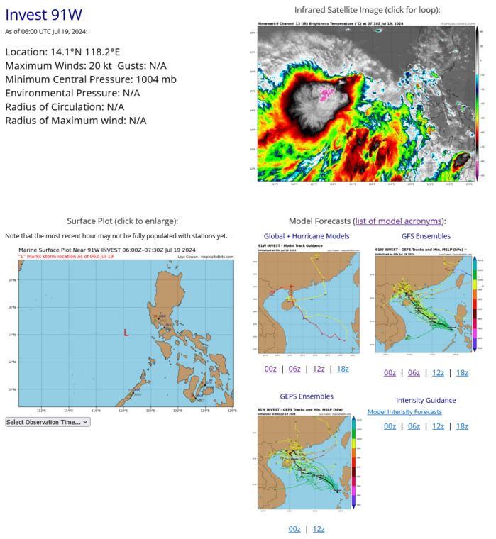 THE AREA OF CONVECTION (INVEST 91W) PREVIOUSLY LOCATED NEAR  13.1N 119.7E IS NOW LOCATED NEAR 13.7N 118.0E, APPROXIMATELY 179 NM  WEST-SOUTHWEST OF MANILA. ANIMATED MULTISPECTRAL SATELLITE IMAGERY  DEPICTS A BROAD, WEAKLY-DEFINED LOW-LEVEL CIRCULATION (LLC) WITH  DISORGANIZED DEEP CONVECTION SHEARED TO THE WEST. A 190124Z MHS  89GHZ MICROWAVE IMAGE DEPICTS CURVED BANDING OVER THE WESTERN SEMI- CIRCLE, WITH A WEAKLY DEFINED LLC. ENVIRONMENTAL ANALYSIS REVEALS A  FAVORABLE ENVIRONMENT FOR FURTHER DEVELOPMENT WITH LOW (05-15KTS)  VWS, GOOD POLEWARD OUTFLOW, AND WARM (29-30C) SSTS. GLOBAL  DETERMINISTIC MODELS ARE IN GOOD AGREEMENT THAT INVEST 91W WILL STEER  WEST-NORTHWESTWARD AS IT CONTINUES TO SLOWLY STRENGTHEN OVER NEXT 48  HOURS. MAXIMUM SUSTAINED SURFACE WINDS ARE ESTIMATED AT 18 TO 23  KNOTS. MINIMUM SEA LEVEL PRESSURE IS ESTIMATED TO BE NEAR 1004 MB.  THE POTENTIAL FOR THE DEVELOPMENT OF A SIGNIFICANT TROPICAL CYCLONE  WITHIN THE NEXT 24 HOURS REMAINS MEDIUM.