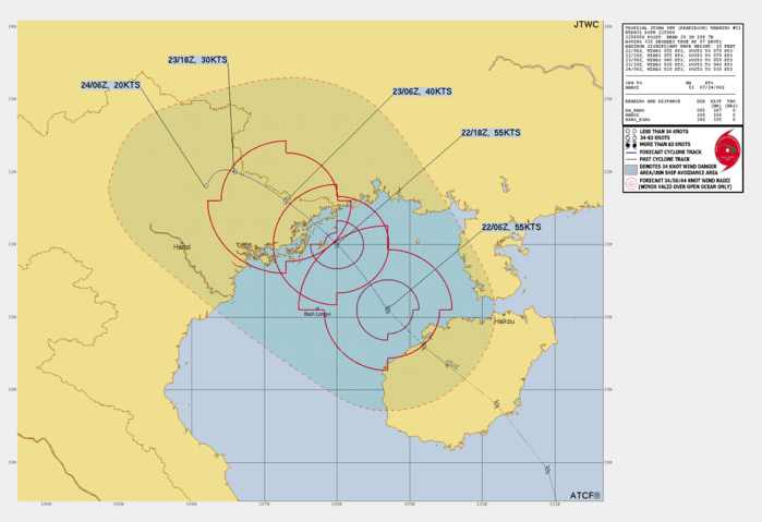 FORECAST REASONING.  SIGNIFICANT FORECAST CHANGES: THERE ARE NO SIGNIFICANT CHANGES TO THE FORECAST FROM THE PREVIOUS WARNING.  FORECAST DISCUSSION: TS 04W IS FORECAST TO CONTINUE TRACKING ALONG THE SOUTHWESTERN PERIPHERY OF THE STR FOR THE REMAINDER OF THE FORECAST PERIOD. LANDFALL IS FORECAST TO OCCUR BETWEEN TAU 12 AND 24 ABOUT 100 NM EAST OF HANOI, VIETNAM. AFTER MAKING LANDFALL 04W IS EXPECTED TO QUICKLY WEAKEN, AND AROUND TAU 36, MAKE A SOUTHWESTWARD TURN AS THE LOWER-LEVEL STEERING PATTERN COMES INTO EFFECT, WITH DISSIPATION FORECAST TO OCCUR NEAR TAU 48. THE CURRENT 55 KNOT INTENSITY IS FORECAST TO CONTINUE FOR THE NEXT 12 HOURS AS THE VERY WARM AND HIGH OHC PROVIDE AMPLE ENERGY TO THE SYSTEM. IF THE TRACK SPEED SLOWS TOO MUCH, THERE MAY BE ENOUGH TIME FOR FURTHER INTENSIFICATION, BUT IF TRACK SPEEDS ARE MAINTAINED THEN THERE WILL NOT BE ENOUGH TIME FOR THE SYSTEM TO TAP INTO THE AVAILABLE ENERGY OF THE ENVIRONMENT BEFORE MAKING LANDFALL.