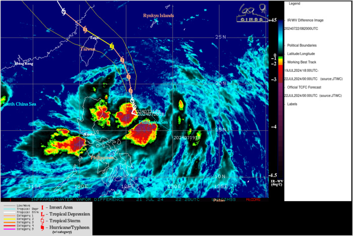 SATELLITE ANALYSIS, INITIAL POSITION AND INTENSITY DISCUSSION: ANIMATED MULTISPECTRAL SATELLITE IMAGERY (MSI) DEPICTS TROPICAL STORM (TS) 05W (GAEMI) AS HAVING A SMOOTH CDO OBSCURING THE SOUTHERN SEMICIRCLE OF THE SYSTEM. BANDING FEATURES CAN BE SEEN ALONG THE SOUTHWEST QUADRANT, WRAPPING INTO THE CENTER. VERTICAL WIND SHEAR HAS SHIFTED TO A MORE NORTHERLY DIRECTION AND IS STILL EVIDENT BUT SEEMS TO BE SLIGHTLY WEAKENING AS THE CONVECTION IS NOT BLOWING OFF AS VIGOROUSLY. THE NORTHERN PERIPHERY OF THE LOW-LEVEL CIRCULATION CENTER (LLCC) REMAINS EXPOSED, DUE IN PART TO A TONGUE OF DRY AIR THAT IS PLACED JUST NORTH OF THE LLCC, HINDERING CONVECTIVE DEVELOPMENT AS WELL AS THE SHEAR. ENVIRONMENTAL ANALYSIS INDICATES THAT 05W IS IN A MARGINALLY FAVORABLE ENVIRONMENT FOR INTENSIFICATION CHARACTERIZED BY MODERATE EQUATORWARD OUTFLOW ALOFT, LOW TO MODERATE (15-20 KTS) VERTICAL WIND SHEAR, AND WARM (30-31 C) SEA SURFACE TEMPERATURES. THESE FACTORS ARE OFFSET BY THE PRESENCE OF DRY AIR TO THE NORTH. THE INITIAL POSITION IS PLACED WITH MEDIUM CONFIDENCE BASED ON A 220523Z AMSR2 36 GHZ MICROWAVE IMAGE REVEALING LOW-LEVEL CLOUDS OUTLINING THE CENTER OF 05W. THE INITIAL INTENSITY OF 55 KTS IS ALSO ASSESSED WITH MEDIUM CONFIDENCE BASED ON THE SUBJECTIVE AND OBJECTIVE INTENSITY ESTIMATES LISTED BELOW.