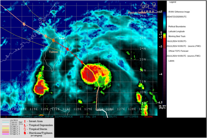 SATELLITE ANALYSIS, INITIAL POSITION AND INTENSITY DISCUSSION: ANIMATED ENHANCED INFRARED (EIR) SATELLITE IMAGERY DEPICTS TYPHOON (TY) 05W GAEMI WITH A DISTINCT PINHOLE EYE AND A LARGE REGION OF DEEP CONVECTION LOCATED TO THE SOUTH AND SOUTHWEST DUE TO MODERATE (10-15KT) VERTICAL WIND SHEAR (VWS) FROM THE NORTH, GIVING THE SYSTEM AN ASYMMETRIC APPEARANCE ON THE UPPER-LEVELS. RADAR IMAGERY INDICATES THAT THE SYSTEM IS UNDERGOING AN EYEWALL REPLACEMENT CYCLE (ERC) WITH A CONCENTRIC RING OF CONVECTION DEVELOPING AROUND THE INNER EYE. A 231433Z GMI 89GHZ IMAGE DEPICTS A MICROWAVE EYE HINTING AT THE EARLY DEVELOPMENT OF AN OUTER EYEWALL AS WELL. THE INITIAL POSITION IS PLACED WITH HIGH CONFIDENCE BASED ON THE AFOREMENTIONED ANIMATED EIR, MICROWAVE, AND RADAR IMAGERY. THE INITIAL INTENSITY OF 120 KTS IS ASSESSED WITH MEDIUM CONFIDENCE BASED ON THE AGENCY AND OBJECTIVE FIXES LISTED .