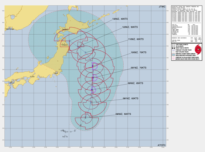 FORECAST REASONING.  SIGNIFICANT FORECAST CHANGES: THERE ARE NO SIGNIFICANT CHANGES TO THE FORECAST FROM THE PREVIOUS WARNING.  FORECAST DISCUSSION: TS 06W IS FORECAST TO CONTINUE TRACKING NORTH-NORTHEASTWARD ALONG THE WESTERN SIDE OF THE STR FOR THE NEXT 24 HOURS, BEFORE IT TURNS DUE NORTH AS THE RIDGE PATTERN REORIENTS SLIGHTLY. AN APPROACHING MID-LATITUDE TROUGH, MOVING IN RAPIDLY FROM THE WEST, WILL BREAK DOWN THE RIDGE PATTERN TO THE NORTH AND ALLOW TS 09W TO MAINTAIN A FAIR AMOUNT OF SPEED HEADING NORTHWARD THROUGH TAU 48. HOWEVER, THE TROUGH IS EXPECTED TO START TO FILL AS A ASSOCIATED JET MAX MOVES DOWNSTREAM. THIS WILL CREATE A COL-REGION DUE NORTH OF TS 09W, AND A GENERAL WEAKENING OF THE STEERING PATTERN, ALLOWING THE SYSTEM TO BEGIN SLOWING DOWN AFTER ABOUT TAU 60. THE FILLING TROUGH WILL NOT BE STRONG ENOUGH TO SEDUCE TS 09W POLEWARD BUT THE POST-TROUGH DEEP-LAYER RIDGE WHICH IS EXPECTED TO DEVELOP IN THE SEA OF JAPAN (SOJ) WILL BE. AS THE SOJ RIDGE SLIDES EASTWARD, IT IS EXPECTED TO BUILD ACROSS HOKKAIDO AND CONNECT WITH A LARGE STR POSITIONED NEAR 40N 170E. THIS WILL HAVE THE EFFECT OF BOTH SLOWING TS 09W AND TURNING IT ONTO A MORE WEST-NORTHWESTWARD TRACK AFTER TAU 72. SIGNIFICANT UNCERTAINTY EXISTS IN THE POTENTIAL TRACK OF TS 06W AS GLOBAL MODELS ARE SPLIT BETWEEN A DUE WEST TRACK AND A VERY FAST NORTHEASTWARD TRACK. IN TERMS OF INTENSITY, THE ENVIRONMENT IS OVERALL FAVORABLE FOR INTENSIFICATION, THOUGH THE PROBABILITY OF RAPID INTENSIFICATION HAS LOWERED SINCE THE PREVIOUS RUN. THERE REMAINS THE ISSUE OF THE DRY AIR TO THE WEST AND VORTEX CONSOLIDATION, WHICH IS STILL OCCURRING. THE FORECAST CALLS FOR STEADY, BUT NOT RAPID, INTENSIFICATION TO A PEAK OF 70 KNOTS BY TAU 36, FOLLOWED BY STEADY WEAKENING AS THE SYSTEM MOVES OVER COOLER WATERS, UPPER-LEVEL FLOW BECOMES CONVERGENT OR WEAK AND DRY AIR MOVES IN TO ENCIRCLE THE CORE.