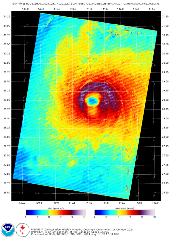 RCM-3 SYNTHETIC APERTURE RADAR (SAR) IMAGE REVEALS AN EYE FEATURE WITH A STRONG BAND OF 80-85KT WINDS WRAPPING FROM THE EASTERN EDGE AROUND TO THE WESTERN SIDE OF THE SYSTEM.