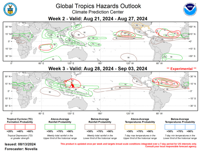 Forecasts for enhanced and suppressed precipitation for weeks 2 and 3 are based on historical composites of Indian Ocean and Maritime Continent MJO events, anticipated TC tracks, and a skill weighted consensus of the CFS, GEFS, ECMWF, and ECCC model systems, with some consideration of ENSO cold phase composites. Increased chances for above-normal temperatures, along with possible excessive heat conditions are forecast for the south-central CONUS during week-2. For hazardous weather conditions in your area during the next two weeks, please refer to your local NWS office, the Medium Range Hazards Forecast from the Weather Prediction Center (WPC), and the CPC Week-2 Hazards Outlook. Forecasts issues over Africa are made in coordination with the Africa Desk at CPC.