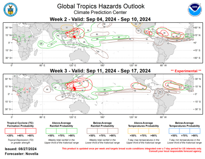 Forecasts for enhanced and suppressed precipitation for weeks 2 and 3 are based on historical composites of Maritime Continent MJO events, anticipated TC tracks, and a skill weighted consensus of the CFS, GEFS, ECMWF, and ECCC model systems, with some consideration of ENSO cold phase composites. Tied to amplified ridging favored over south-central Canada, increased chances for above-normal temperatures are forecast for much of the CONUS west of the Mississippi. Similarly, above-normal temperatures are posted for parts of eastern Asia during week-2. For hazardous weather conditions in your area during the next two weeks, please refer to your local NWS office, the Medium Range Hazards Forecast from the Weather Prediction Center (WPC), and the CPC Week-2 Hazards Outlook. Forecasts issued over Africa are made in coordination with the International Desk at CPC.