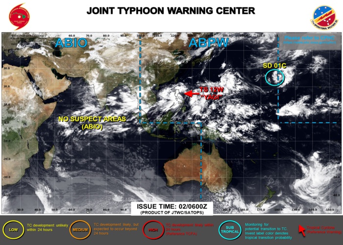 JTWC IS ISSUING 6HOURLY WARNINGS ON 12W. 3HOURLY SATELLITE BULLETINS ARE ISSUED ON 12W, ON THE REMNANTS OF 02A AND ON THE REMNANTS OF 01C