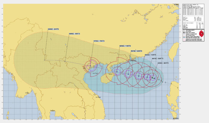 FORECAST REASONING.  SIGNIFICANT FORECAST CHANGES: THERE ARE NO SIGNIFICANT CHANGES TO THE FORECAST FROM THE PREVIOUS WARNING.  FORECAST DISCUSSION: TYPHOON (TY) 12W WILL CONTINUE TO BE DRIVEN WEST-NORTHWESTWARD THROUGH THE END OF THE FORECAST PERIOD WHILE UNDER THE STEERING INFLUENCE OF THE STR TO THE NORTH, PASSING OVER NORTHERN HAINAN AND THE LUICHOW PENINSULA SHORTLY AFTER TAU 48 AND MAKING LANDFALL IN VIETNAM JUST PRIOR TO TAU 72. RAPID INTENSIFICATION WILL CONTINUE WHILE IN THE WARM TUB OF THE SOUTH CHINA SEA WITH A HIGH OCEAN HEAT CONTENT, STRONG UPPER-LEVEL DIVERGENCE, AND LOW SHEAR THAT WILL CONTINUE UNTIL TAU 48. AFTER TAU 48, THE SHEAR WILL BECOME MODERATE AS THE SYSTEM APPROACHES THE COAST AND WILL WEAKEN DUE TO TOPOGRAPHIC INTERACTION. WEAKENING WILL BECOME EVEN MORE DRASTIC AFTER MAKING LANDFALL JUST PRIOR TO TAU 72 LEADING TO FULL DISSIPATION WHILE PASSING OVER THE MOUNTAINOUS TERRAIN OF NORTHERN VIETNAM, LAOS, AND MYANMAR.