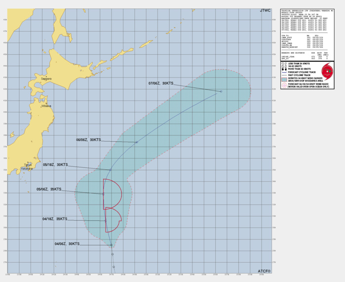 FORECAST REASONING.  SIGNIFICANT FORECAST CHANGES: THERE ARE NO SIGNIFICANT CHANGES TO THE FORECAST FROM THE PREVIOUS WARNING.  FORECAST DISCUSSION: TROPICAL DEPRESSION (TD) 13W WILL TRACK NORTH-NORTHWESTWARD FOR THE NEXT 24 HOURS BEFORE ROUNDING THE RIDGE AXIS BETWEEN TAU 24-36. THE SYSTEM WILL TRACK NORTHWESTWARD BETWEEN TAU 48-72 WHILE UNDERGOING EXTRATROPICAL TRANSITION AS THE SYSTEM BECOMES EMBEDDED UNDER A DEEP-LAYER TROUGH OFF OF THE EAST COAST OF JAPAN. DURING THE INITIAL 24-HOUR PERIOD, TD 13W WILL SLIGHTLY INTENSIFY TO 35KTS WHILE IN A FAVORABLE ENVIRONMENT OF LOW SHEAR, UPPER-LEVEL DIVERGENCE, AND WARM SEA SURFACE TEMPERATURES. AS THE SYSTEM APPROACHES THE UPPER-LEVEL TROUGH, VERTICAL WIND SHEAR WILL INCREASE. ADDITIONALLY, THE SYSTEM WILL PASS INTO COOL SEA SURFACE TEMPERATURES BELOW 26C BETWEEN TAU 48-72, FURTHER SUPPORTING THE COMPLETION OF EXTRATROPICAL TRANSITION.