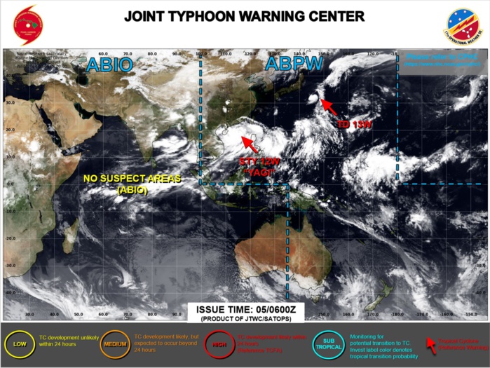 JTWC IS ISSUING 6HOURLY WARNINGS ON 12W AND 13W. 3HOURLY SATELLITE BULLETINS ARE ISSUED ON BOTH SYSTEMS