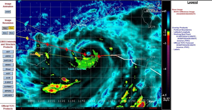 SATELLITE ANALYSIS, INITIAL POSITION AND INTENSITY DISCUSSION: AFTER AN IMPRESSIVE PERIOD OF EXTREMELY RAPID INTENSIFICATION, TYPHOON 12W HAS WEAKENED WHILE UNDERGOING AN EYEWALL REPLACEMENT CYCLE (ERC) AS PREDICTED BY THE CIMSS M-PERC PRODUCT. ANIMATED ENHANCED INFRARED (EIR) SATELLITE IMAGERY DEPICTS A 15NM ROUND EYE, WHICH SUPPORTS THE INITIAL POSITION WITH HIGH CONFIDENCE. EIR IMAGERY, HOWEVER, DOES SHOW A CLEAR WEAKENING TREND WITH EROSION OF THE EYEWALL OVER THE NORTHWESTERN QUADRANT AND WARMING CLOUD TOP TEMPERATURES. A 050546Z ATMS 88.2GHZ MICROWAVE IMAGE REVEALS A COMPACT EYEWALL WITH A BREAK IN THE EYEWALL OVER THE NORTHWESTERN QUADRANT, WITH FRAGMENTED SPIRAL BANDING. ENVIRONMENTAL CONDITIONS REMAIN FAVORABLE WITH RADIAL OUTFLOW AND LOW VERTICAL WIND SHEAR THUS, THE CURRENT WEAKENING TREND IS SOLELY ATTRIBUTED TO THE ERC. THE INITIAL INTENSITY OF 125 KTS IS ASSESSED WITH MEDIUM CONFIDENCE BASED ON AGENCY CURRENT INTENSITY ESTIMATES, WITH OBJECTIVE ESTIMATES RANGING FROM 117 TO 124 KNOTS.