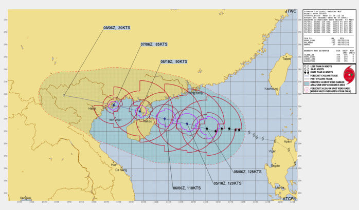 FORECAST REASONING.  SIGNIFICANT FORECAST CHANGES: THERE ARE NO SIGNIFICANT CHANGES TO THE FORECAST FROM THE PREVIOUS WARNING.  FORECAST DISCUSSION: TYPHOON 12W PEAKED AT ABOUT 135-140 KNOTS NEAR 042100Z AS REFLECTED IN EARLIER SAR DATA BUT HAS SUBSEQUENTLY WEAKENED DUE TO THE ONGOING ERC. WHILE ENVIRONMENTAL CONDITIONS REMAIN FAVORABLE OVER THE NEXT 12 HOURS, SOME RE-INTENSIFICATION IS POSSIBLE AFTER THE ERC COMPLETES. AFTER TAU 12, THE SYSTEM WILL TRACK WESTWARD APPROACHING HAINAN ISLAND, WITH A MORE PRONOUNCED WEAKENING TREND DUE TO INTERACTION WITH LAND. AFTER TAU 24, RAPID WEAKENING WILL OCCUR AS THE SYSTEM TRACKS OVER SOUTHERN CHINA AND NORTHERN VIETNAM, WITH LANDFALL EXPECTED NEAR TAU 48. AS THE SYSTEM TRACKS INTO THE RUGGED TERRAIN OF NORTHERN VIETNAM, IT WILL DISSIPATE BY TAU 72.