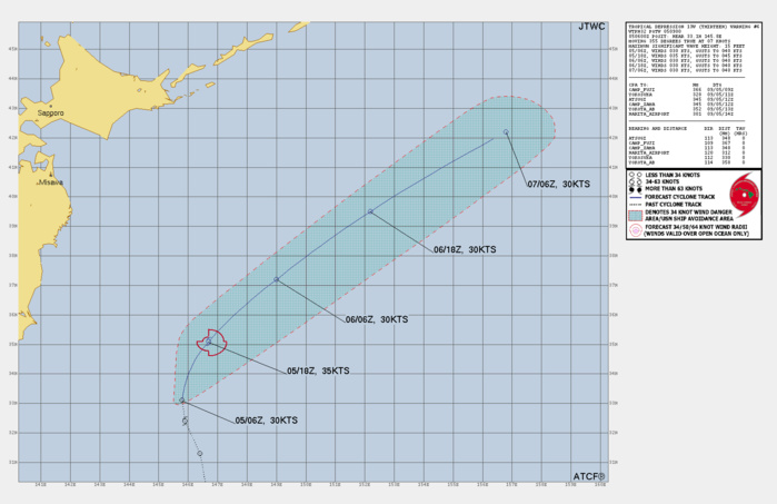 FORECAST REASONING.  SIGNIFICANT FORECAST CHANGES: THERE ARE NO SIGNIFICANT CHANGES TO THE FORECAST FROM THE PREVIOUS WARNING.  FORECAST DISCUSSION: TD 13W HAS A FEW ADVANTAGES IN THE SHORT TERM, INCLUDING THE VIGOROUS EQUATORWARD OUTFLOW MENTIONED ABOVE, A WELL-WRAPPED LOW LEVEL CLOUD SYSTEM, AND WARM SSTS OF 27-28C THROUGHOUT THE FORECAST PERIOD. ALTHOUGH THE INTENSITY WEAKENED SLIGHTLY (BY 5 KTS) AFTER THE SYSTEM BECAME DECOUPLED, THE MARGINALLY FAVORABLE ENVIRONMENTAL CONDITIONS WILL ALLOW THE INTENSITY TO FLUCTUATE UPWARDS TO 35 KTS AGAIN NEAR TAU 12. HOWEVER, THE POSITION IN RELATION TO THE TUTT CELL OVERHEAD IS PROBLEMATIC DUE TO A WEAK CONVERGENT INFLUENCE ALOFT, WHICH WILL INHIBIT FURTHER DEVELOPMENT. TD 13W HAS A STRONG STEERING INFLUENCE WHICH WILL RECURVE IT AROUND THE STR AXIS AND CAUSE IT TO ACCELERATE NORTHEASTWARD AS IT NEARS THE MID-LATITUDE WESTERLIES. THE  ENVIRONMENT WILL BECOME INCREASINGLY HOSTILE WITH UNFAVORABLE VWS  (30-34 KTS) BY TAU 24 AND BEYOND. BY TAU 36, THE SYSTEM WILL VENTURE  INTO MID-LATITUDE TERRITORIES WHERE A STRONG SHARED ENERGY JET MAX EXISTS POLEWARD. A BAROCLINIC INFLUENCE IN THE HIGHER LATITUDES WILL LEAD TO THE EXTRATROPICAL TRANSITION OF TD 13W BY TAU 48.