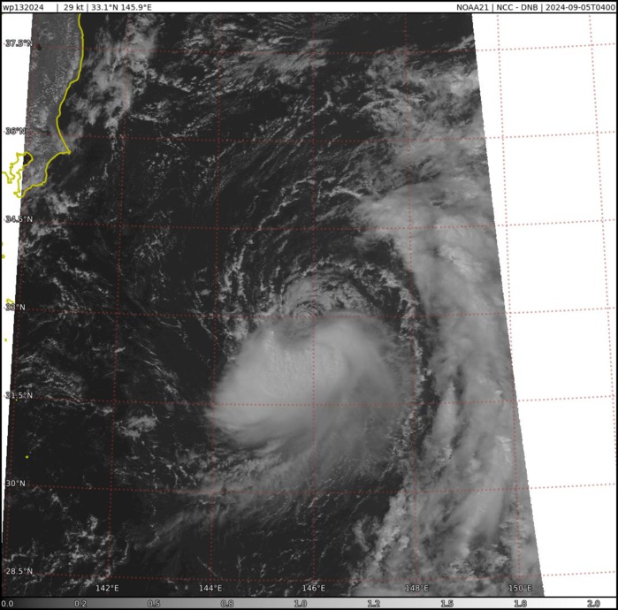 SATELLITE ANALYSIS, INITIAL POSITION AND INTENSITY DISCUSSION: ANIMATED MULTISPECTRAL SATELLITE IMAGERY (MSI) DEPICTS A SMALL  CLUSTER OF FLARING CONVECTION SHEARED TO THE SOUTH OF THE LLCC, WHICH  ACCOUNTS FOR THE RECENT FULL-EXPOSURE OF THE LLCC. VIGOROUS  EQUATORWARD OUTFLOW WITH TRANSVERSE BANDING AROUND THE EASTERN AND  SOUTHERN PERIPHERIES AIDED IN THE SYSTEM REACHING A PEAK INTENSITY OF  35 KTS AT 050000Z; HOWEVER, THE INTENSITY WEAKENED TO 30 KTS AT  050600Z ONCE THE SYSTEM DECOUPLED. TD 13W IS LOCATED UNDERNEATH A  TUTT CELL AND IMMEDIATELY ADJACENT TO AN EXTENSIVE AREA OF DRY AIR  AND SUBSIDENCE TO THE WEST OF ITS CURRENT POSITION AND FORECAST  TRACK. THE INITIAL POSITION IS PLACED WITH HIGH CONFIDENCE BASED ON  ANIMATED VISIBLE SATELLITE IMAGERY SHOWING A FULLY EXPOSED LLCC. THE  INITIAL INTENSITY OF 30 KTS IS ALSO ASSESSED WITH HIGH CONFIDENCE  BASED ON SUBJECTIVE AGENCY DVORAK ESTIMATES IN GOOD AGREEMENT AND  RECENT SCATTEROMETRY WINDSPEEDS RANGING FROM 25-35 KTS.