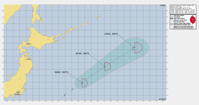 FORECAST REASONING.  SIGNIFICANT FORECAST CHANGES: THERE ARE NO SIGNIFICANT CHANGES TO THE FORECAST FROM THE PREVIOUS WARNING.  FORECAST DISCUSSION: INCREASING VWS VALUES (29-42 KTS) AND PLUMMETING SSTS WILL CREATE AN INHOSPITABLE ENVIRONMENT THAT WILL HAMPER ANY FURTHER DEVELOPMENT. INTERACTION WITH A THERMAL RIBBON BEGINS AT TAU 24 AS THE SYSTEM HURRIES TOWARD THE POLAR FRONT, WHICH WILL INITIATE EXTRATROPICAL TRANSITION. BY TAU 36, THE POLAR FRONT WILL BOMBARD TS 13W FROM THE NORTHWEST, AT WHICH POINT IT WILL BE CONSIDERED TO HAVE FULLY TRANSITIONED TO AN EXTRATROPICAL CYCLONE. THE SYSTEM IS FORECAST TO MAINTAIN AN INTENSITY OF 35 KTS DUE TO A COMBINATION OF FACTORS THAT INCLUDE ITS PROXIMITY TO STRONG RIDGING TO THE EAST, LEADING TO A TIGHTENED PRESSURE GRADIENT ALONG THE EAST SIDE, AND COMPOUNDED BY THE ACCELERATING FORWARD SPEEDS (APPROXIMATELY 17-23 KTS).