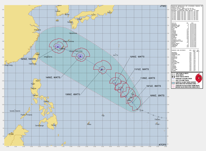 FORECAST REASONING.  SIGNIFICANT FORECAST CHANGES: THIS INITIAL PROGNOSTIC REASONING MESSAGE ESTABLISHES THE FORECAST PHILOSOPHY.  FORECAST DISCUSSION: TD 14W WILL TRACK GENERALLY NORTHWESTWARD THROUGHOUT THE FORECAST PERIOD ALONG THE WESTERN PERIPHERY OF THE SUBTROPICAL RIDGE. THE SYSTEM IS EXPECTED TO STEADILY INTENSIFY THROUGH TAU 72 AS THE ENVIRONMENT REMAINS CONDUCIVE FOR FURTHER DEVELOPMENT WITH VERTICAL WIND SHEAR (VWS) REMAINING LESS THAN 15 KTS, SEA SURFACE TEMPERATURES MAINTAIN AVERAGES ABOVE 30 C, AND UPPER-LEVEL OUTFLOW AIDS IN SUSTAINED INTENSIFICATION. AS THE SYSTEM CONTINUES TO TRACK TO THE NORTHWEST ALONG THE WESTERN EDGE OF THE STEERING RIDGE, A CONTINUED CONDUCIVE ENVIRONMENT WILL ALLOW TD 14W TO MAINTAIN STEADY TO MODERATE INTENSIFICATION WITH ASSOCIATED SUPPORTIVE OCEAN HEAT CONTENT (OHC) VALUES THROUGH THE CORRIDOR TO MINAMI DAITO JIMA. FOLLOWING TAU 72, MODERATE INTENSIFICATION TO 100 KTS BY TAU 120 IS FORECASTED AS THE SYSTEM ACCELERATES NORTHWESTWARD AS IT APPROACHES KADENA WITH IMPROVING UPPER-LEVEL POLEWARD OUTFLOW.