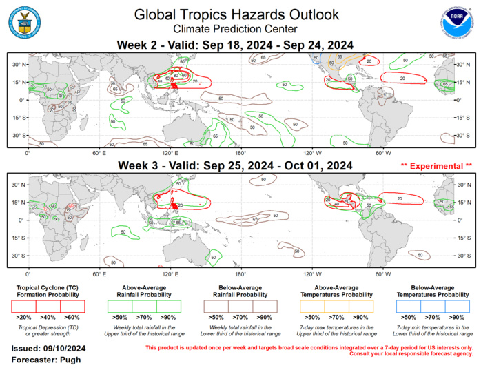 The precipitation outlook for weeks 2 and 3 was based on the historical skill weighted blend of the GEFS, CFS, ECCC along with MJO precipitation composites for phases 7, 8, and 1, and the low-frequency base state with enhanced (suppressed) rainfall over the Maritime Continent (equatorial Central Pacific). Since the MJO is expected to propagate eastward to the western Hemisphere, a trend towards wetter conditions is forecast for Central America and the Caribbean Sea region from weeks 2 to 3.