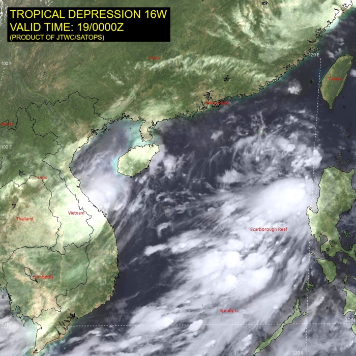 SATELLITE ANALYSIS, INITIAL POSITION AND INTENSITY DISCUSSION: ANIMATED MULTISPECTRAL SATELLITE IMAGERY (MSI) DEPICTS A BROAD AND DISORGANIZED LOW-LEVEL CIRCULATION OBSCURED BY FLARING CONVECTION. TD 16W IS MOVING TOWARDS THE NORTHERN COAST OF VIETNAM, ENCOUNTERING MARGINALLY FAVORABLE, YET STEADILY DEGRADING ENVIRONMENTAL CONDITIONS. AFTER A BRIEF PERIOD OF MINOR CONSOLIDATION, THE OUTFLOW IS GENERALLY RESTRICTED TOWARDS THE REGION SOUTH-WEST OF THE SYSTEM. THE INITIAL POSITION IS PLACED WITH MEDIUM CONFIDENCE BASED ON VISIBLE, ANIMATED EIR IMAGERY, AS WELL AS PGTW RADAR FIX. THE INITIAL INTENSITY OF 30 KTS IS ASSESSED WITH MEDIUM CONFIDENCE BASED ON THE AGENCY AND OBJECTIVE FIXES LISTED.