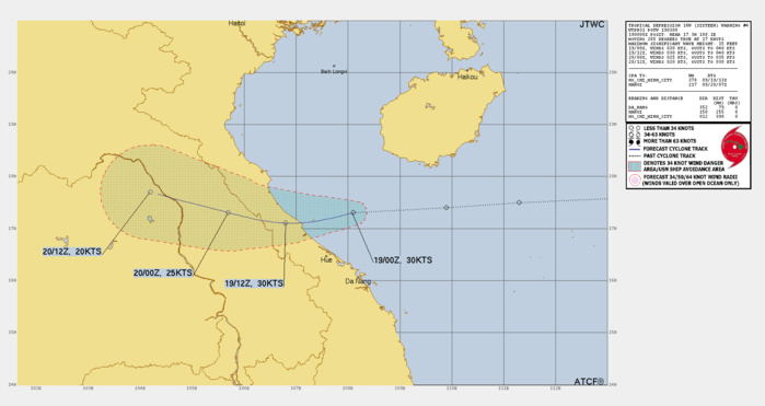 FORECAST REASONING.  SIGNIFICANT FORECAST CHANGES: THERE ARE NO SIGNIFICANT CHANGES TO THE FORECAST FROM THE PREVIOUS WARNING.  FORECAST DISCUSSION: TD 16W SPEED OVER WATER INCREASED TO 17 KTS SINCE THE LAST FORECAST AND THE SYSTEM IS HEADING TOWARDS NORTHERN VIETNAM AND IS EXPECTED TO MAKE LANDFALL APPROXIMATELY 90 NM NORTHWEST OF DA NANG, WHILE MAINTAINING ITS CURRENT INTENSITY OF 30 KTS. SINCE THEN, DUE TO TERRAIN INTERACTION, TD 16W IS FORECAST TO BEGIN STEADY WEAKENING DOWN TO 20 KTS INTENSITY BY TAU 36. WHILE THE SEA SURFACE TEMPERATURES ARE LOWERING, THE 29-30 DEGREES CELSIUS ARE STILL FAVORABLE. VERTICAL WIND SHEAR HOWEVER IS ON THE HIGHER END OF THE 15-20 KTS THRESHOLD, HINDERING ANY FURTHER DEVELOPMENT.