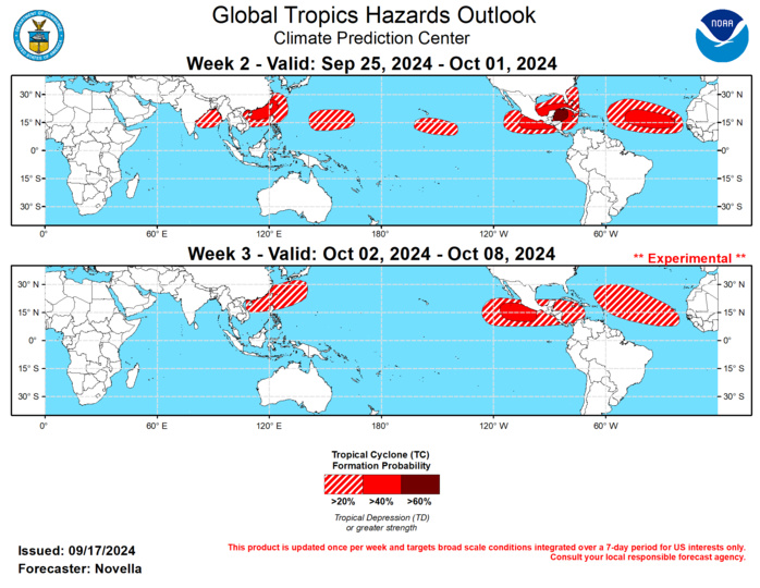 RMM observations show the MJO signal has struggled to fully propagate out of the Maritime Continent since late August. The stalling nature of the MJO signal appears to be related to continued Rossby wave activity in the western Pacific and Maritime Continent which has led to fluctuations of amplitude over this part of tropics in recent weeks. However, the signal has regained amplitude while resuming its eastward propagation more recently, and there is better confidence in the outlook that the MJO will continue to propagate into the Western Pacific and enter the Western Hemisphere during the next several weeks based on improved agreement in the RMM forecasts. While there remains some disagreement in regards to the strength and evolution of the MJO in the upper-level velocity potential forecasts among the models, objective wave filtering suggests that other modes of tropical variability are expected to be important contributors to Tropical Cyclone (TC) potential in the outlook. Specifically, strong Kelvin wave activity moving ahead of the enhanced convective MJO envelope looks to provide favorable conditions for tropical cyclogenesis over the tropical Americas, where continued signs of equatorial Rossby wave activity and a low frequency response aloft is expected to keep the western Pacific active through the end of September. Any reorganizing MJO is also expected to lead to an interruption of an enhanced trade regime over the equatorial Pacific, which may have implications on the favored transition to La Nina conditions later this fall.  During the past week, three TCs developed in the global tropics. In the eastern Pacific, TC Ileana formed on 9/12 and peaked at Tropical Storm intensity as it neared Los Cabos, Baja California bringing heavy precipitation to the region. Before dissipating on 9/15, TC Ileana also brought heavy precipitation and high winds to parts of western Mexico. After forming on 9/11 near 16N/28W in the Atlantic, TC Gordon tracked westward across the Main Development Region (MDR). Intensification had been kept at bay due to periods of high shear and dry air entrainment, and as a result, this system dissipated on 9/17. However, as of 1:30 pm EDT today, the NHC shows 40% chances of Gordon redeveloping, as its remnants enter a more favorable environment in the central Atlantic later this week. In the western Pacific, TC Pulasan formed on 9/16 near 18N/140E in the Philippine Sea, and the Joint Typhoon Warning Center (JTWC) expects this system to track northwestward into the East China Sea at Tropical Storm strength. Contrast to the slow moving TC Gordon in the Atlantic, the JTWC notes that constructive interference between a tropical upper tropospheric trough and a subtropical ridge is leading to an uncharacteristically high forward track speed of the system, where it is forecast to make landfall over eastern China in the next day or so. The JTWC is monitoring another tropical disturbance (98W) located over the northern Philippines with high chances of development, but has yet to form at the time of this writing.  Tied to the aforementioned Kelvin wave activity traversing the tropical Americas, there is good agreement in the models favoring the development of a band of anomalous lower-level westerlies extending from the south of Mexico into the western Caribbean and lower shear supportive of TC development. Based on good run-to-run continuity in both ensemble and deterministic solutions, and trends in the probabilistic TC genesis tools, 60% chances of TC formation are issued over the western Caribbean, with 40% chances covering both basins, and a broader 20% area extending into western Atlantic where tools also depict elevated signals during week-2. In the MDR, there is good support in the ensembles and probabilistic TC genesis tools favoring one or more easterly waves propagating off West Africa, and 40% chances are issued mainly east of 50W with a broad 20% area highlighted for much of the MDR for week-2. Inhibiting factors may still be periods of high dust and increased shear parts of the MDR, though the ITCZ looks to be in a more favorable position over the African Sahel. In the central Pacific, 20% chances are posted for week-2 approximately between 160W and 140W based on increased support in the ensembles for an area of deepening low pressure and probabilistic guidance. In the western Pacific, there is good agreement between GEFS and ECMWF favoring the persistence of anomalous lower-level westerlies extending from the South China Sea to the south of Japan. With several model solutions showing additional low pressure development, in the region 40% chances for development are issued. Further east, a separate area of 20% chances are also issued for the basin, where there is continued support in the probabilistic tools for development mainly east of the Marianas. Tied to Rossby wave activity predicted over eastern Indian Ocean and some support in the tools, 20% chances are also posted in the Bay of Bengal as this basin climatologically experiences its second mode of TC formations entering October.  Should the MJO remain coherent over the Western Hemisphere in October, this historically favors less favorable conditions for TC development in the western Pacific. However, 20% chances are issued over the South China and Philippines Seas during week-3 out of deference to the low frequency response favored in the velocity potential forecasts, as well as climatology. Conversely, a Western Hemisphere MJO would support an elevated potential for development in the Eastern Pacific, and 40% chances are issued to the south of Mexico, with 20% chances extending into parts of the Caribbean. While climatology continues to shift the TC formation potential more into the Caribbean, 20% chances are posted for a broad area in the MDR given modest support in the extended range tools.