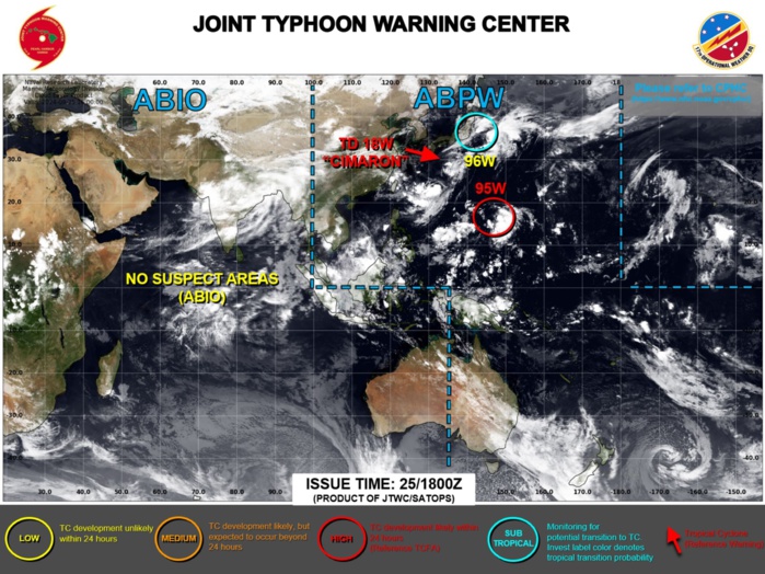 WESTERN NORTH PACIFIC AREA (180 TO MALAY PENINSULA):    A. TROPICAL CYCLONE SUMMARY:       (1) AT 25SEP24 1200Z, TROPICAL DEPRESSION 18W (CIMARON) WAS  LOCATED NEAR 27.8N 133.3E, APPROXIMATELY 556 NM SOUTHWEST OF YOKOSUKA,  JAPAN, AND HAD TRACKED SOUTHWESTWARD AT 07 KNOTS OVER THE PAST SIX  HOURS. MAXIMUM SUSTAINED SURFACE WINDS WERE ESTIMATED AT 30 KNOTS  GUSTING TO 40 KNOTS. SEE REF A (WTPN31 PGTW 251500) FOR FURTHER  DETAILS.       (2) NO OTHER TROPICAL CYCLONES.    B. TROPICAL DISTURBANCE SUMMARY:       (1) THE AREA OF CONVECTION (INVEST 95W) PREVIOUSLY LOCATED NEAR  15.5N 149.3E IS NOW LOCATED NEAR 16.1N 148.3E, APPROXIMATELY 157 NM  EAST-NORTHEAST OF SAIPAN. ANIMATED ENHANCED INFRARED SATELLITE IMAGERY  DEPICTS A PARTIALLY-EXPOSED LOW-LEVEL CIRCULATION CENTER, WITH FLARING  DEEP CONVECTION ALONG THE EASTERN AND SOUTHERN PERIPHERIES. A 251044Z  MHS 89GHZ MICROWAVE IMAGE SHOWS BROAD CONVECTIVE BANDING, WITH WEAK  LOW-LEVEL STRUCTURE. RECENT SCATTEROMETRY DATA INDICATES A SWATH OF 20  TO 25 KNOT CONVERGENT WINDS OVER THE EASTERN AND SOUTHERN SEMICIRCLES,  WHICH IS FUELING THE AFOREMENTIONED EXTENSIVE DEEP CONVECTIVE BURSTS.  ENVIRONMENTAL ANALYSIS INDICATES MARGINALLY FAVORABLE CONDITIONS, WITH  WARM SEA SURFACE TEMPERATURES (29-30 C) AND GOOD EQUATORWARD OUTFLOW  ALOFT, OFFSET BY MODERATE TO HIGH (20 TO 25 KNOTS) VERTICAL WIND  SHEAR. GLOBAL MODELS ARE IN GOOD AGREEMENT THAT THE SYSTEM WILL  CONTINUE TO TRACK NORTHWESTWARD WITH GRADUAL INTENSIFICATION OVER THE  NEXT 12-36 HOURS. MAXIMUM SUSTAINED SURFACE WINDS ARE ESTIMATED AT 20  TO 25 KNOTS. MINIMUM SEA LEVEL PRESSURE IS ESTIMATED TO BE NEAR 1004  MB. THE POTENTIAL FOR THE DEVELOPMENT OF A SIGNIFICANT TROPICAL  CYCLONE WITHIN THE NEXT 24 HOURS IS UPGRADED TO HIGH. SEE REF B  (WTPN21 PGTW 251500) FOR FURTHER DETAILS.       (2) NO OTHER SUSPECT AREAS.    C. SUBTROPICAL SYSTEM SUMMARY:       (1) AN AREA OF CONVECTION (INVEST 96W) HAS PERSISTED NEAR 33.7N  142.9E, APPROXIMATELY 186 NM EAST-SOUTHEAST OF YOKOSUKA, JAPAN. THE  SYSTEM IS CURRENTLY CLASSIFIED AS A SUBTROPICAL STORM, GENERALLY  CHARACTERIZED AS HAVING BOTH TROPICAL AND MIDLATITUDE CYCLONE  FEATURES. ANIMATED ENHANCED INFRARED SATELLITE IMAGERY DEPICTS A  BROAD, RAGGED LOW-LEVEL CIRCULATION CENTER, WITH POORLY-ORGANIZED DEEP  CONVECTION DISPLACED TO THE EAST. A 251050Z ASCAT-C PARTIAL IMAGE  REVEALS A PATCH OF 30-35 KNOT WINDS OVER THE NORTHEASTERN QUADRANT.  UPPER-LEVEL ANALYSIS INDICATES UNFAVORABLE CONDITIONS CHARACTERIZED BY  HIGH (40-50 KNOTS) VERTICAL WIND SHEAR AND BROAD DIVERGENCE NOT  CONDUCIVE FOR TROPICAL CYCLONE DEVELOPMENT. GLOBAL MODELS INDICATE A  NORTHEASTWARD TRACK AWAY FROM HONSHU, WITH EXTRA-TROPICAL TRANSITION  AS THE SYSTEM TRACKS INTO A STRONG BAROCLINIC ZONE SITUATED OVER THE  NORTHERN PACIFIC OCEAN. FOR HAZARDS AND WARNINGS, REFERENCE THE FLEET  WEATHER CENTER SAN DIEGO HIGH WINDS AND SEAS PRODUCT OR REFER TO LOCAL  WMO DESIGNATED FORECAST AUTHORITY. MAXIMUM SUSTAINED SURFACE WINDS ARE  ESTIMATED AT 30 TO 35 KNOTS. MINIMUM SEA LEVEL PRESSURE IS ESTIMATED  TO BE NEAR 1006 MB. THE POTENTIAL FOR THE DEVELOPMENT OF A SIGNIFICANT  TROPICAL CYCLONE WITHIN THE NEXT 24 HOURS IS LOW.