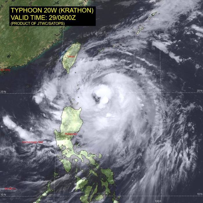 SATELLITE ANALYSIS, INITIAL POSITION AND INTENSITY DISCUSSION: ANIMATED MULTISPECTRAL SATELLITE IMAGERY (MSI) DEPICTS TYPHOON 20W (KRATHON) OPENED UP A BROAD, RAGGEDLY-DEFINED EYE SEVERAL HOURS AGO WHICH HAS SINCE BECOME CLOUD-FILLED. THE OUTFLOW COULD BE DESCRIBED AS MODERATE RADIAL BUT IS MOST PRONOUNCED IN THE EQUATORWARD DIRECTION DUE TO ITS BROAD EXTENT REACHING THE VIGOROUS NORTHEASTERLY FLOW OVER THE PHILIPPINES. THE SYSTEM IS HINTING AT OPENING UP A POLEWARD OUTFLOW CHANNEL INTO THE MID-LATITUDE WESTERLIES, BUT IT HAS NOT YET CONNECTED WITH THIS MECHANISM. DEEP CONVECTION IS EVIDENT, PARTICULARLY ON THE NORTHEAST SIDE WITHIN AN INNER AND OUTER BAND, BUT THE OVERALL SYMMETRY SUGGESTS THE SYSTEM IS QUICKLY BECOMING BETTER ORGANIZED. THE INITIAL POSITION IS PLACED WITH MEDIUM CONFIDENCE BASED ON PLACEMENT WITHIN THE VERY BROAD, RAGGED EYE EVIDENT ON ANIMATED MSI IMAGERY. THE INITIAL INTENSITY OF 80 KTS IS ASSESSED WITH MEDIUM CONFIDENCE BASED ON A BLEND OF THE CURRENT INTENSITY AND DVORAK ESTIMATES LISTED.